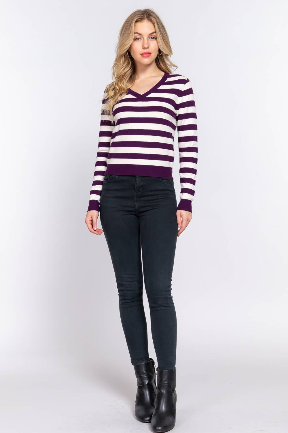 Long Sleeve V-neck Stripe Sweater