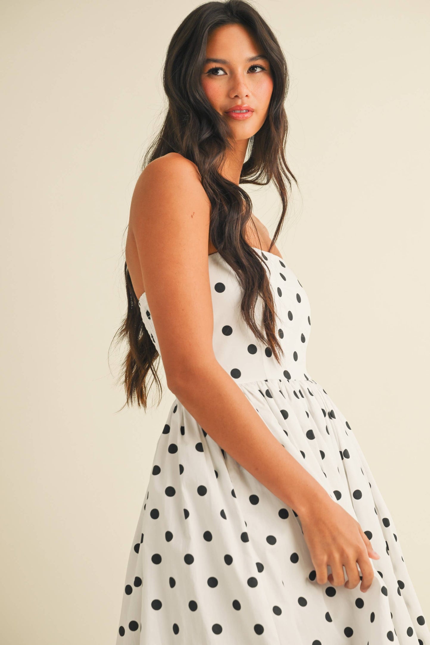 Polka Dot Strapless Tea Length Dress
