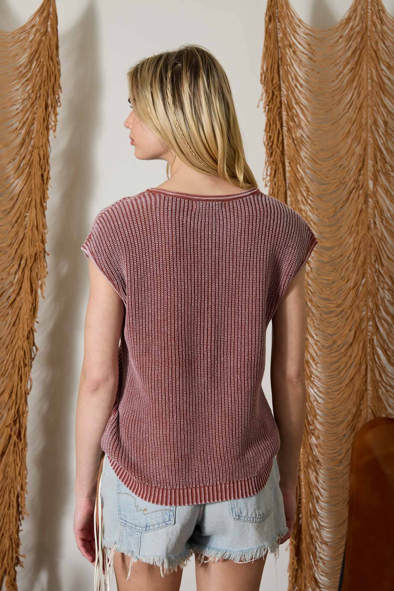 Raw Edge Henley Sweater Top