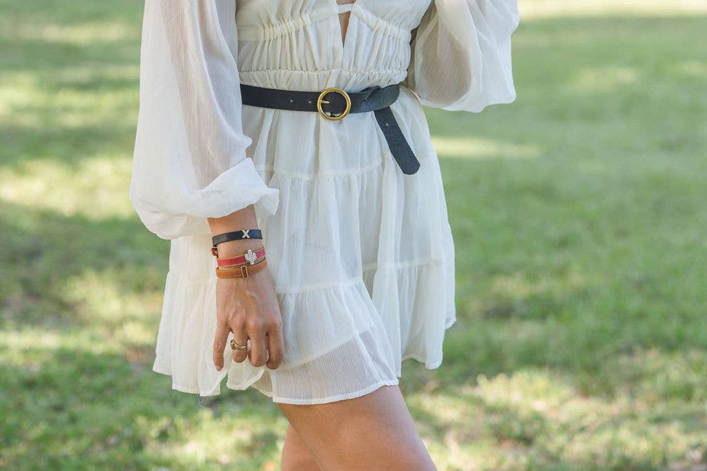 Round Brass Buckle Suede/Genuine Leather Belt