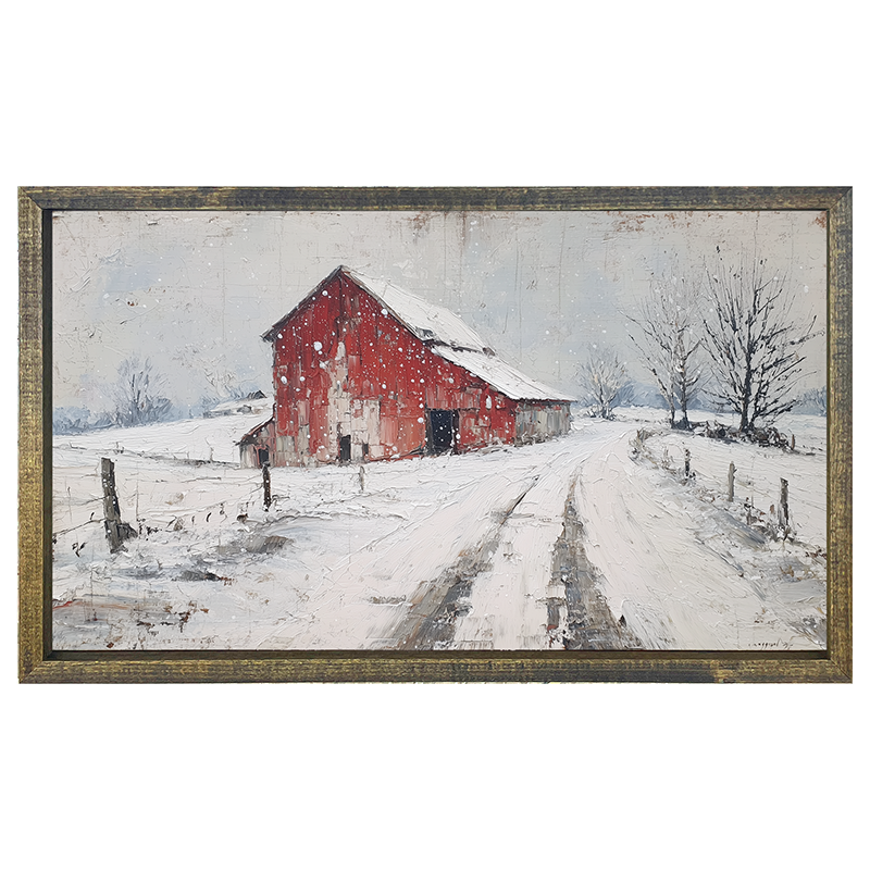 Country Winter - Red Barn near Road - Horizontal Box Frame