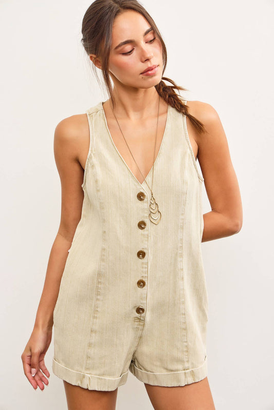 Button Closure V Neck Romper
