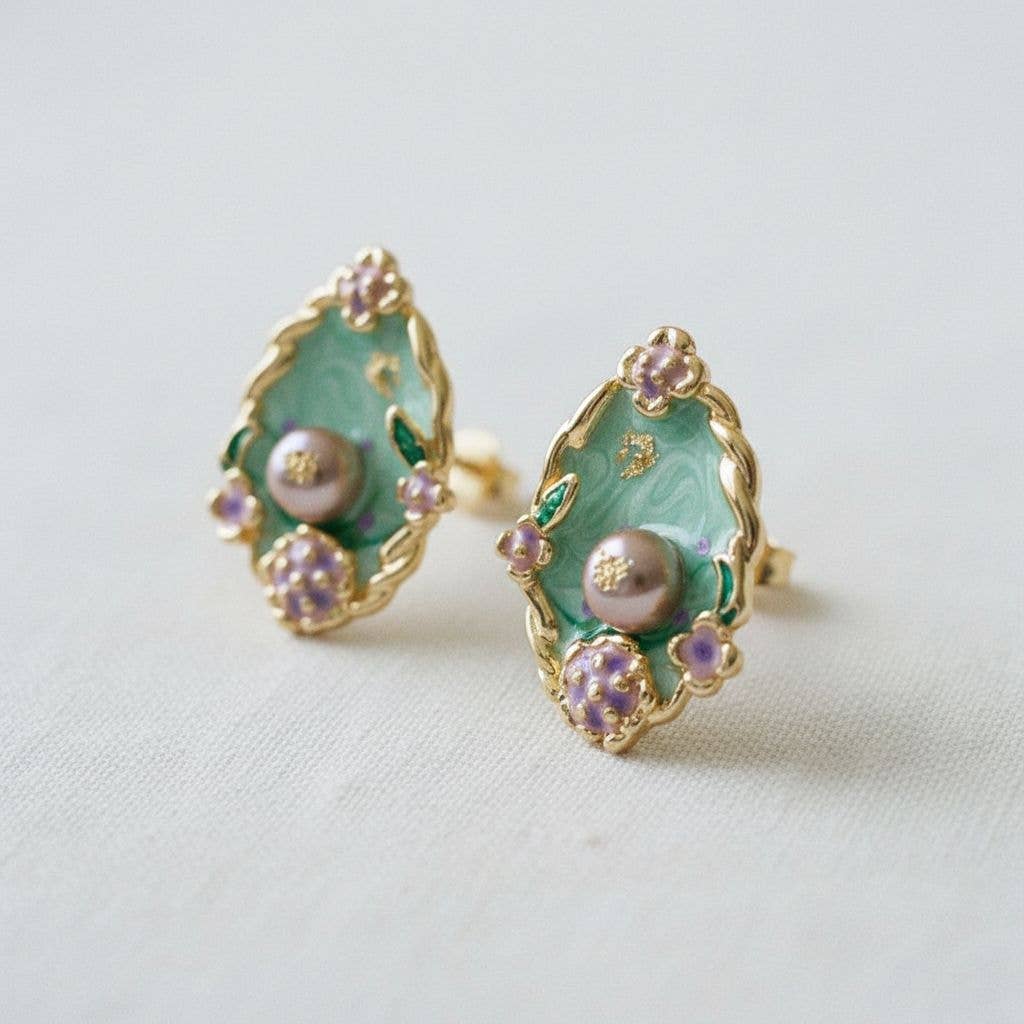 Vintage Inspired Enamel Pearl Stud Earrings
