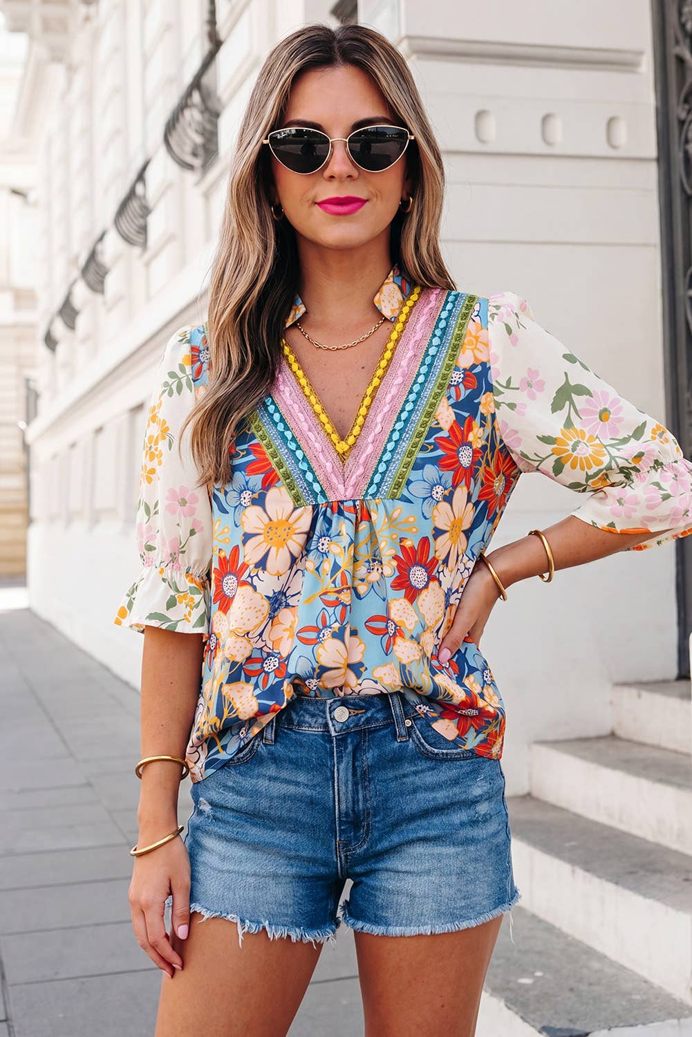 Boho Floral Crochet V Neck Blouse