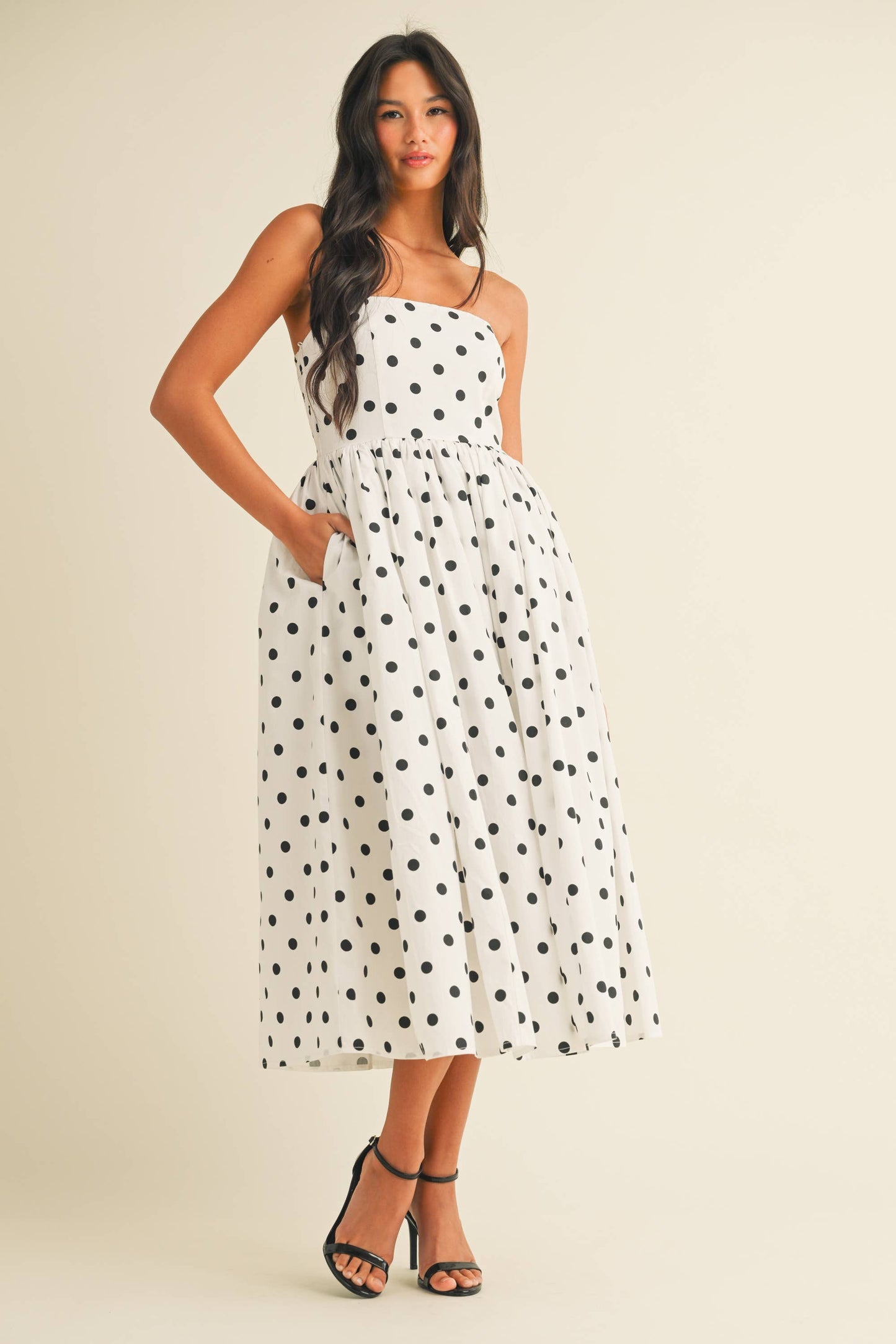Polka Dot Strapless Tea Length Dress