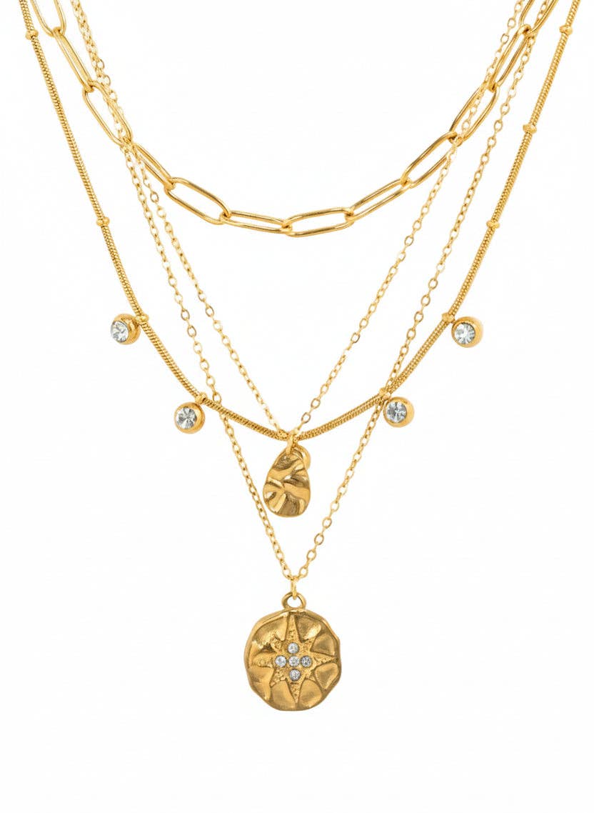 Stainless 4 Layered Coin Medallion Multi-Chain Necklace