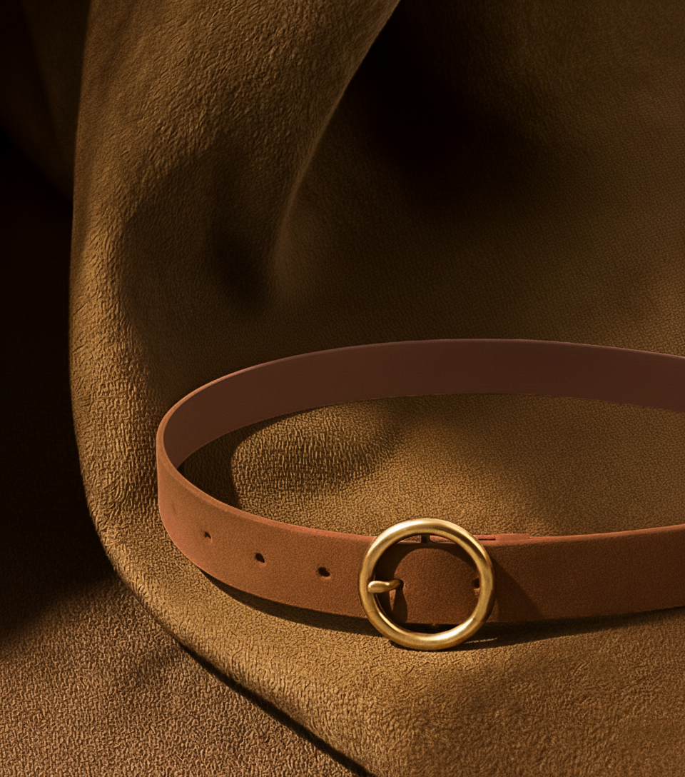 Round Brass Buckle Suede/Genuine Leather Belt