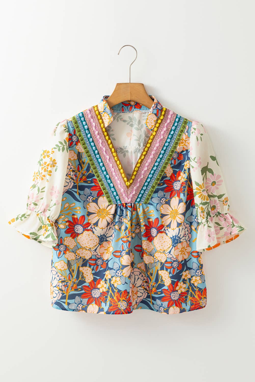 Boho Floral Crochet V Neck Blouse