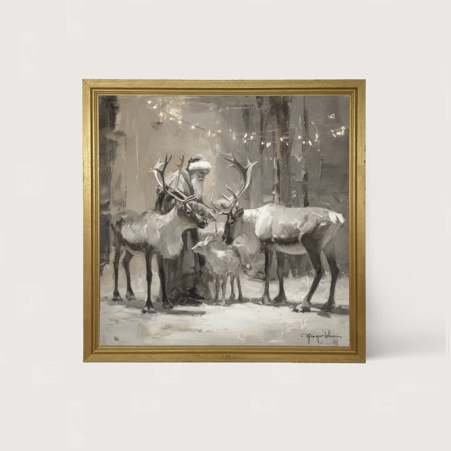Santa and Reindeers under Christmas Lights