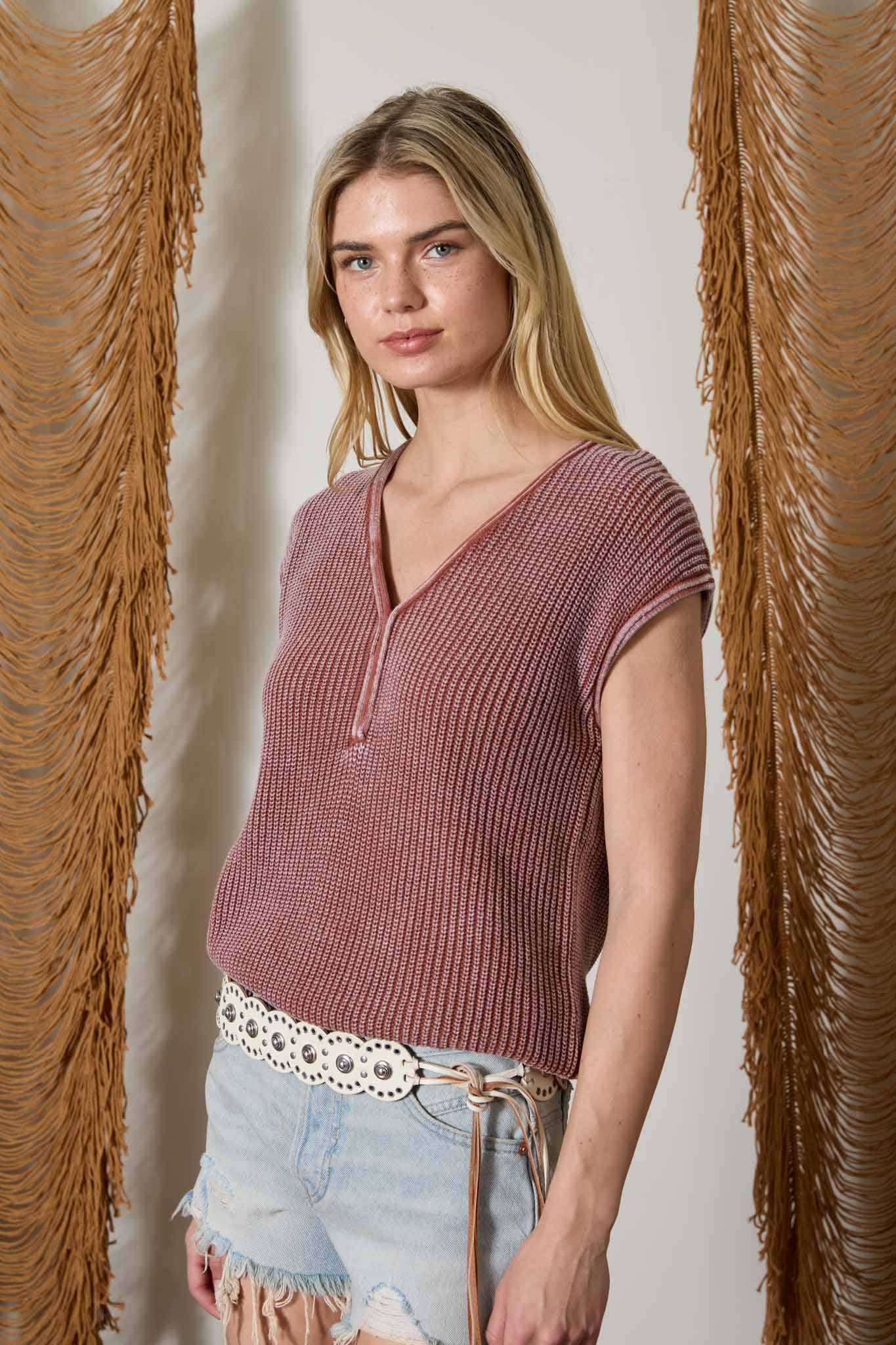 Raw Edge Henley Sweater Top