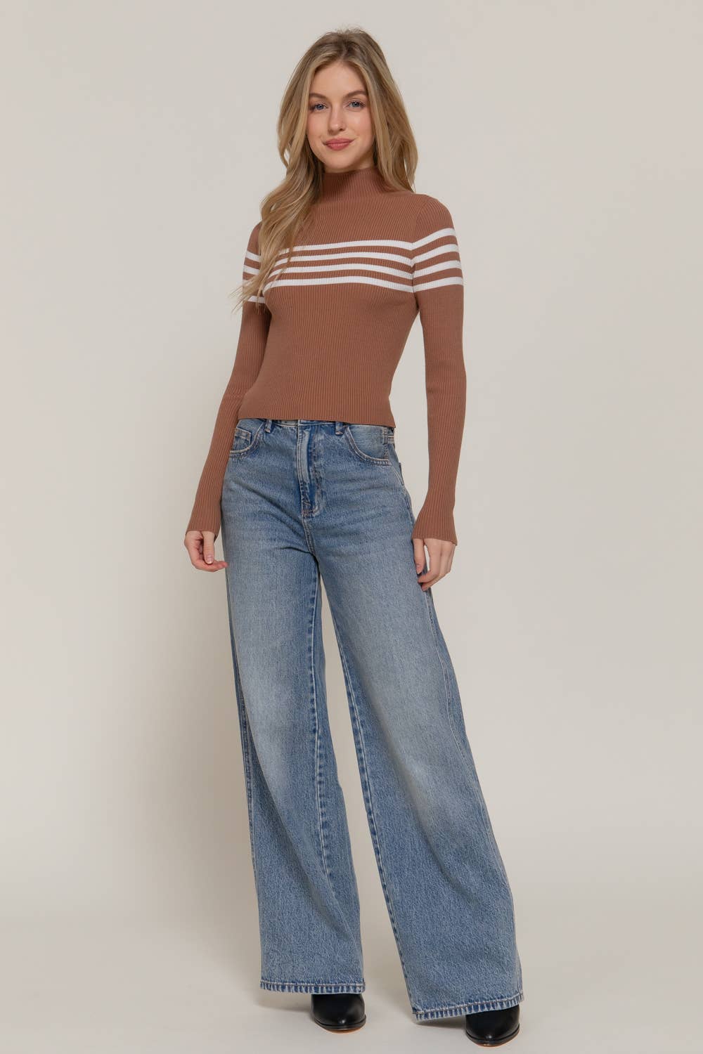 Long Sleeve High Neck Stripe Sweater Top
