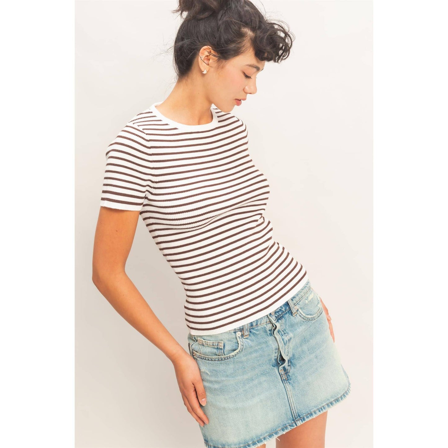 Striped Ribbed Short Sleeve Crew Neck Knit Top