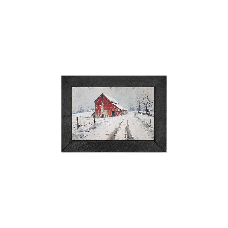 Country Winter - Red Barn near Road - Horizontal Box Frame