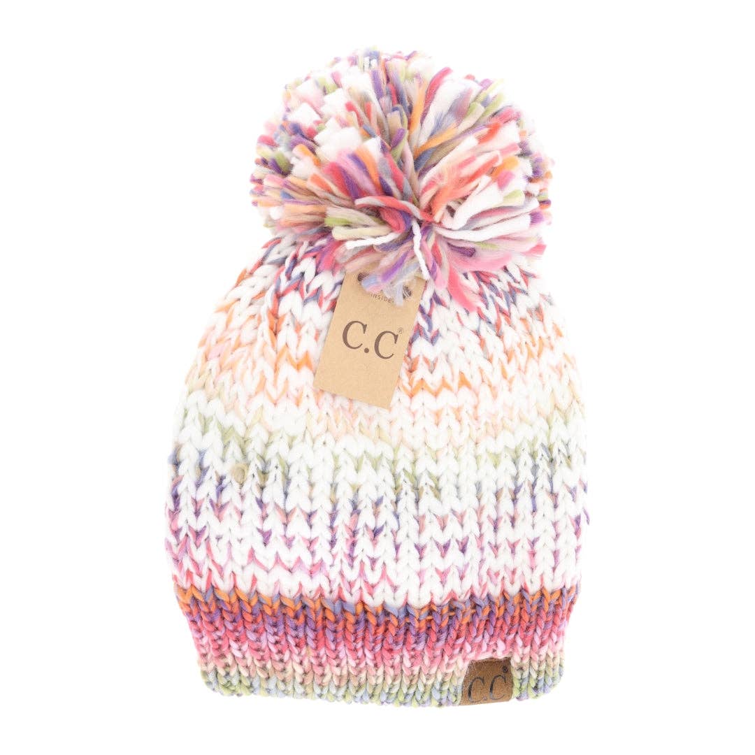 Fuzzy Lined Multicolored Yarn Pom C.C Beanie