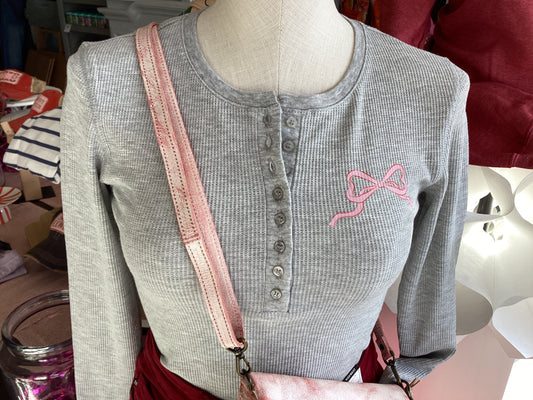 Grey Henley Pink Bow Long Sleeve