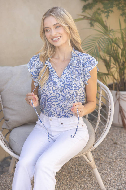 Ruffle Sleeve Tie Front Printed Top