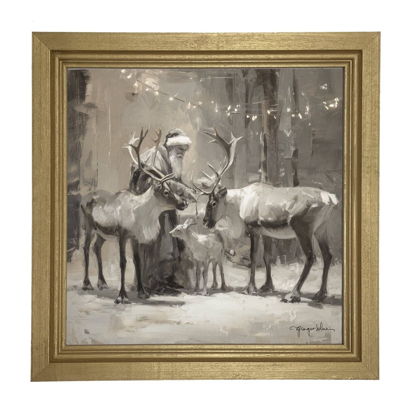 Santa and Reindeers under Christmas Lights