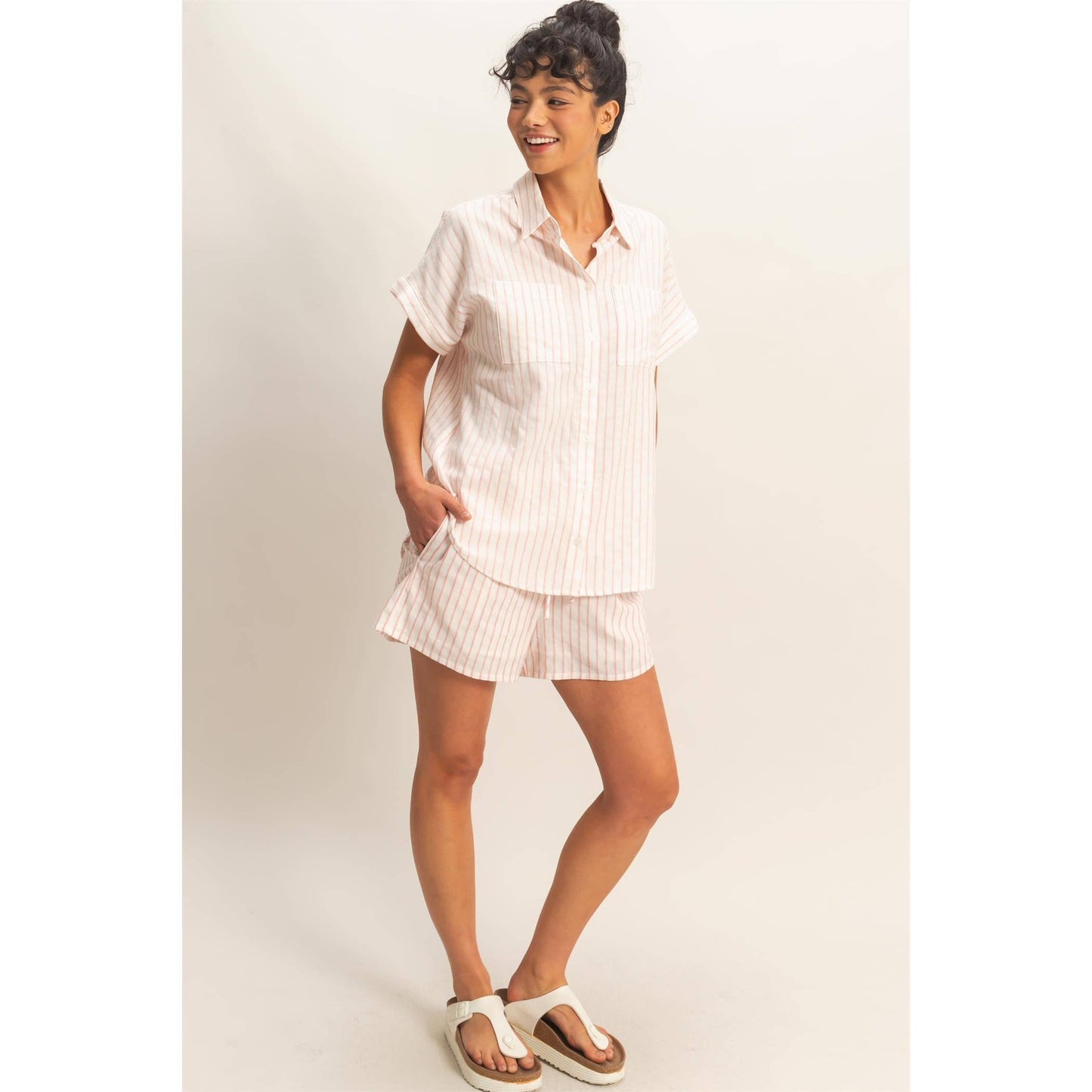 Striped Button-Up Dolman Sleeve Shirt