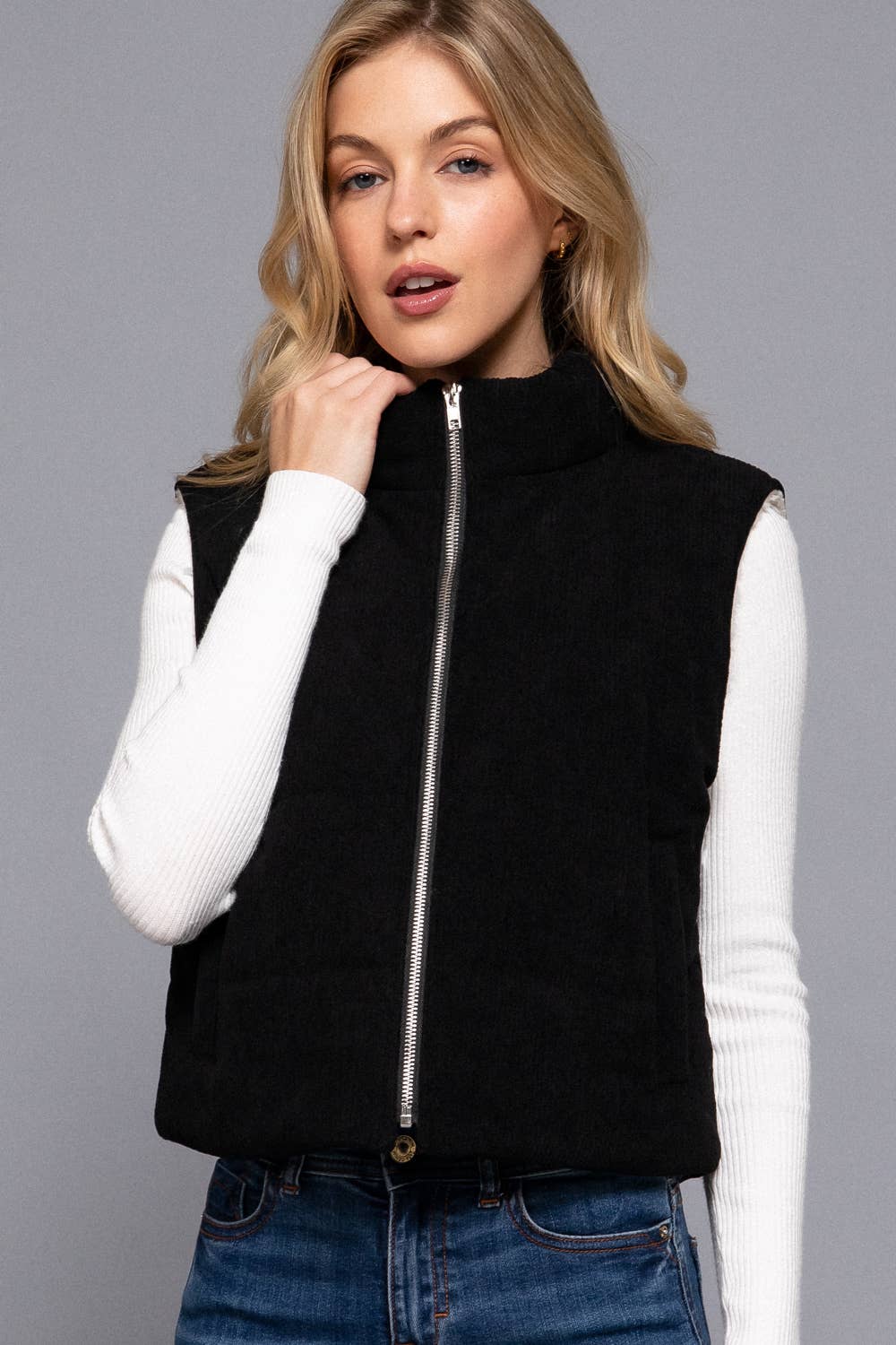 High Neck Inner Faux Fur Zip Up Corduroy Puffer Vest