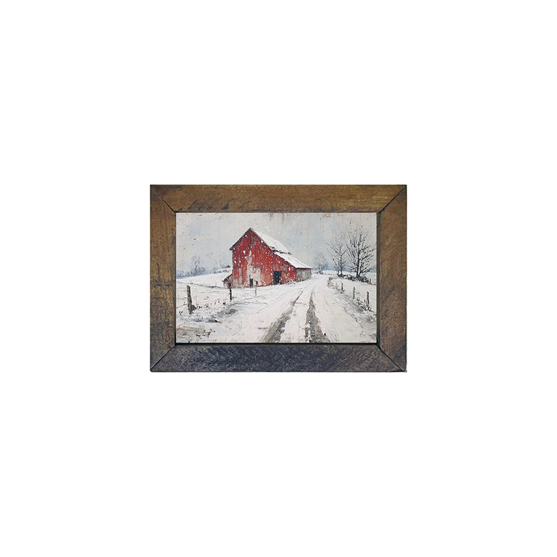 Country Winter - Red Barn near Road - Horizontal Box Frame