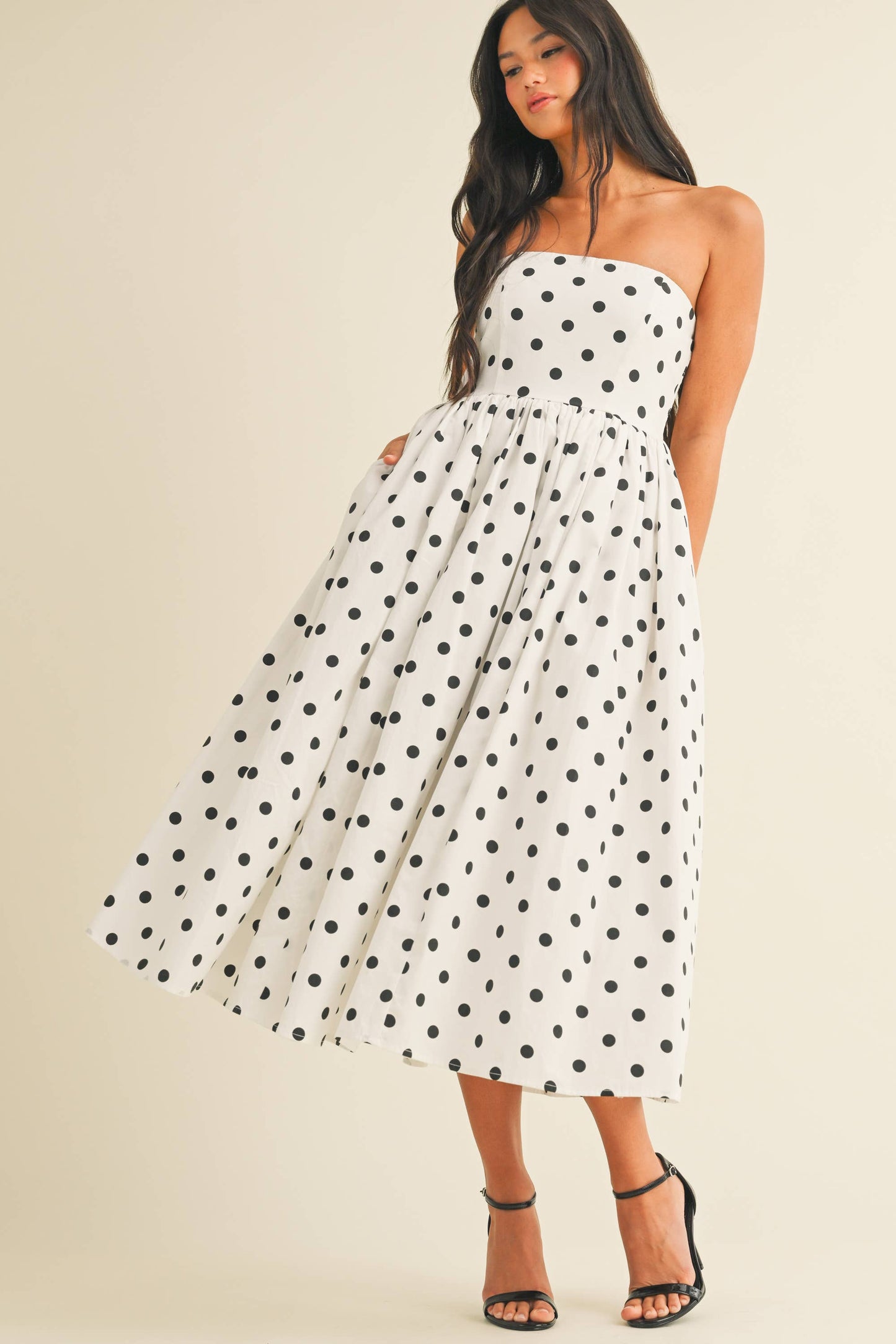 Polka Dot Strapless Tea Length Dress