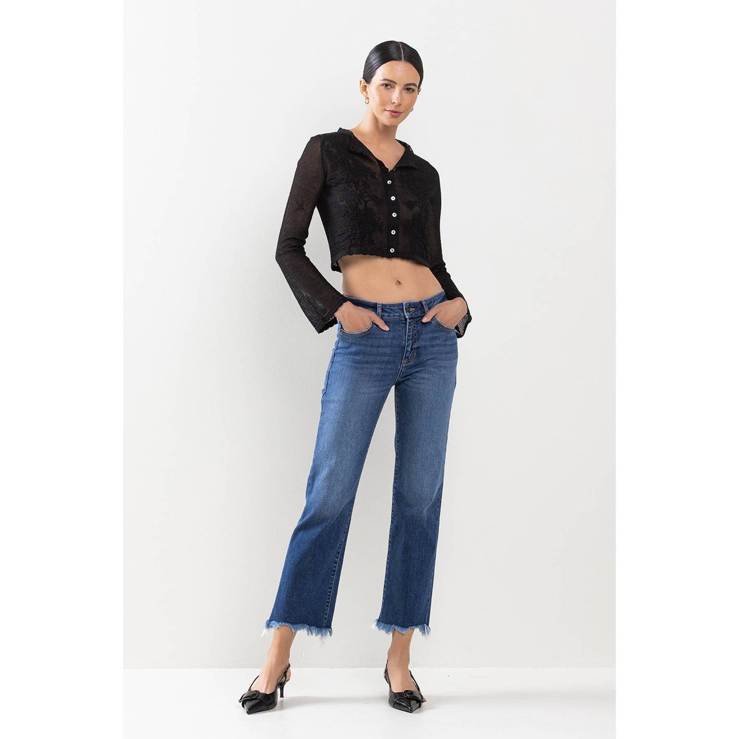 Sneakpeek Mid Rise Cropped Straight Leg Jeans with Fray Hem