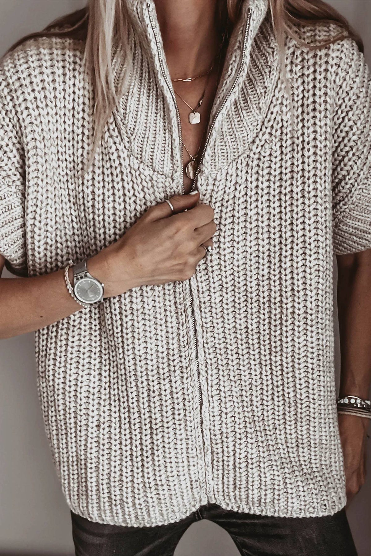 Textured Zip-Up Short Sleeve Sweater Cardigan