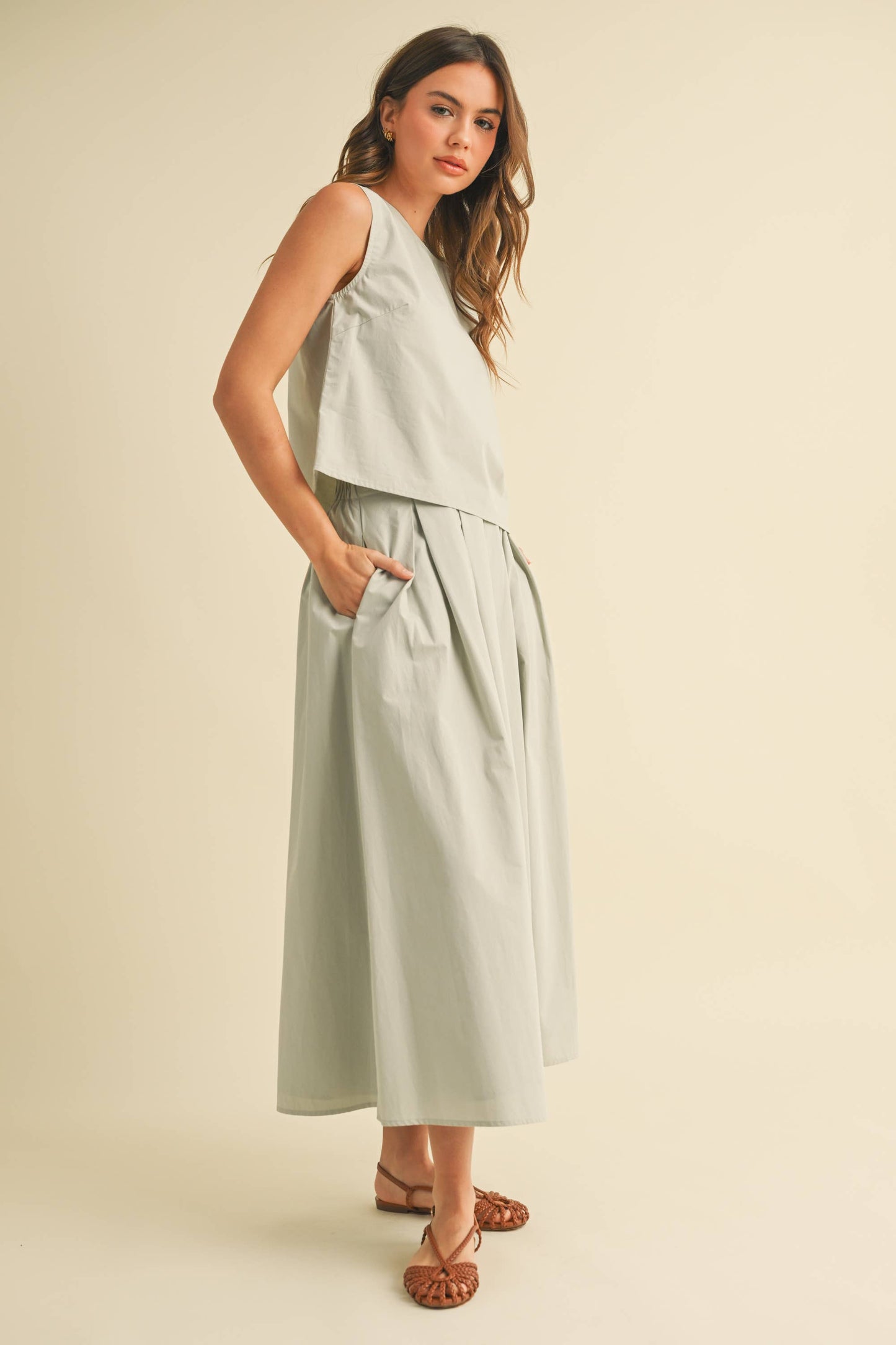Sleeveless Top and Pleated Midi Skirt Set