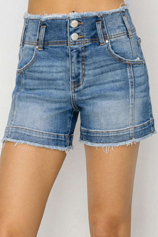 Risen High Rise Seam Detailed Raw Edge Denim Shorts