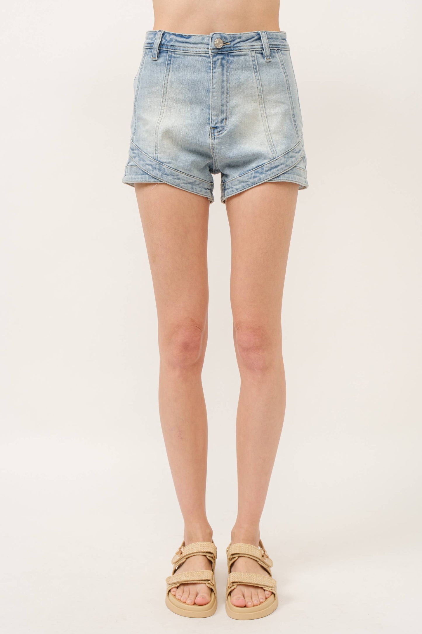 Stretched Denim Shorts w/ Curved Hem