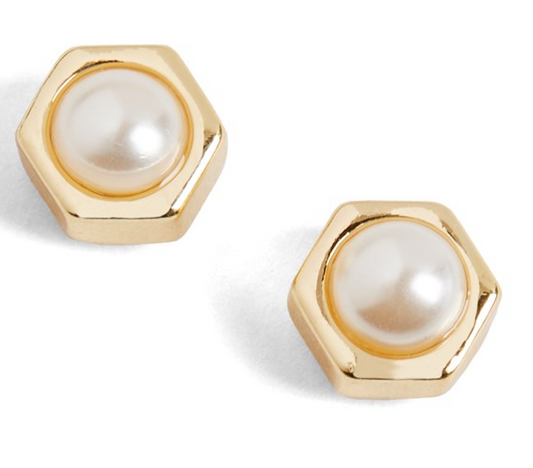 Whispers Gold Hexagon Pearl Stud Earrings - Gold