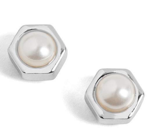 Whispers Silver Hexagon Pearl Stud Earrings - Silver