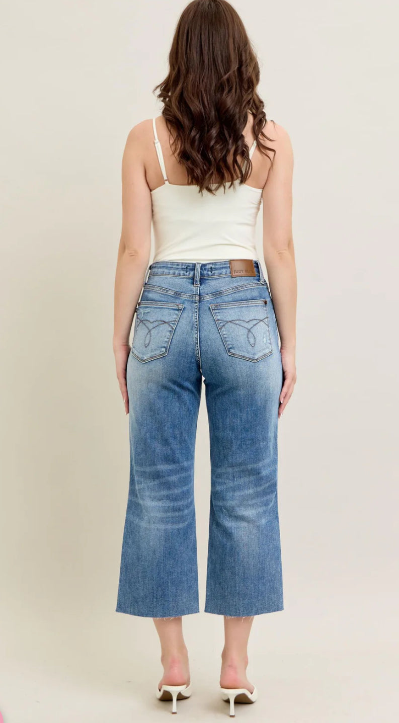 Judy Blue High Waist Pocket Embroidery, Destroy & Raw Cut Hem Wide Crop