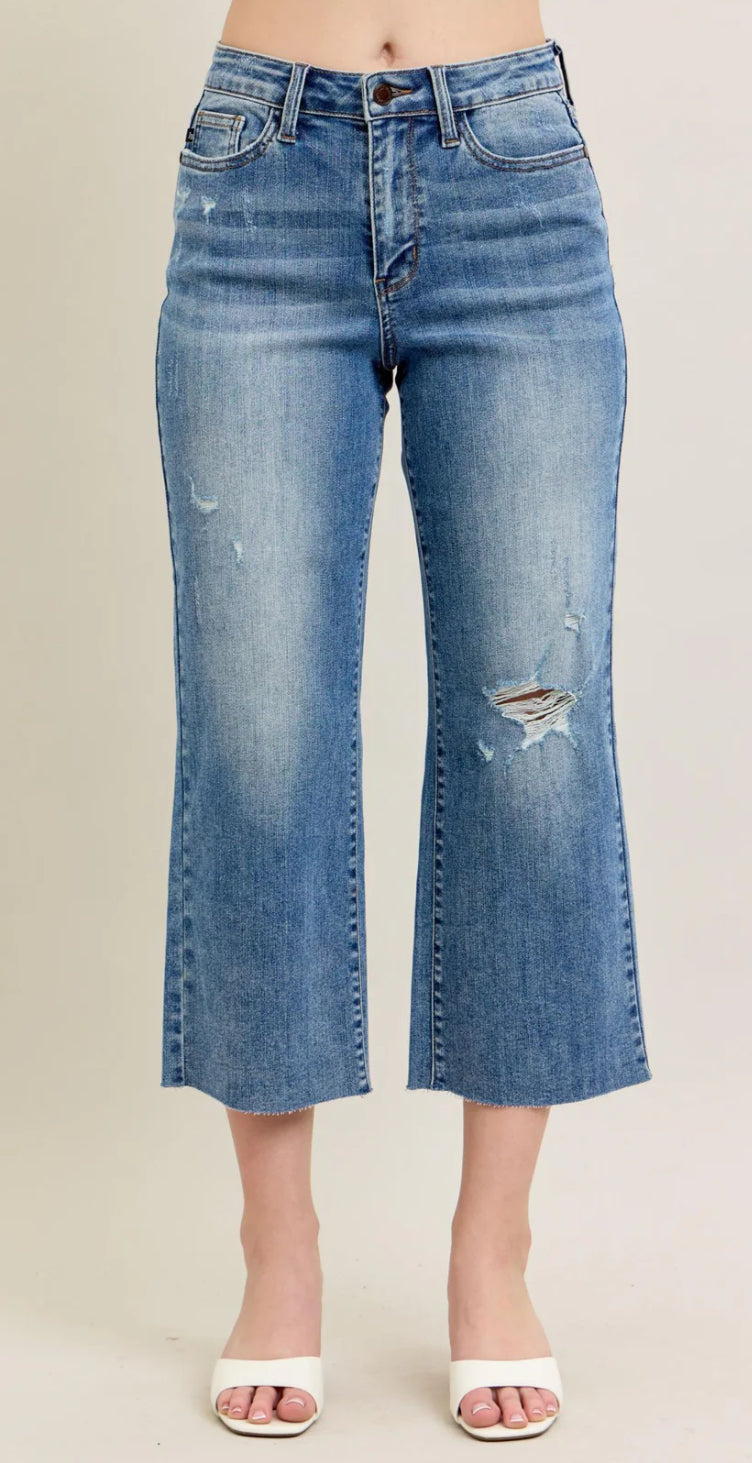 Judy Blue High Waist Pocket Embroidery, Destroy & Raw Cut Hem Wide Crop