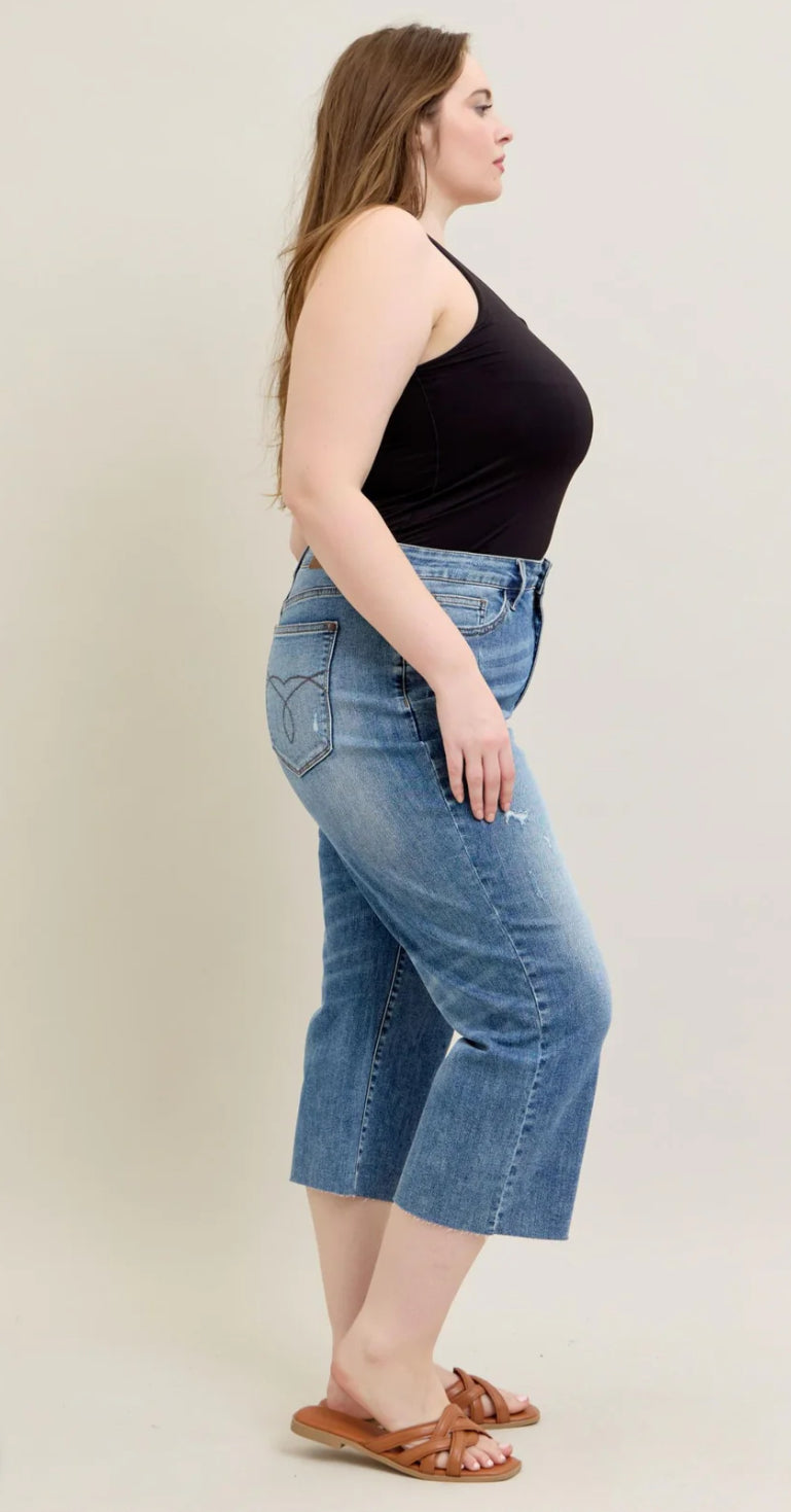 Judy Blue High Waist Pocket Embroidery, Destroy & Raw Cut Hem Wide Crop