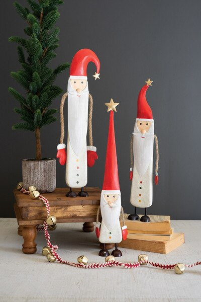 Painted Metal and Wood Santas-Set of 3