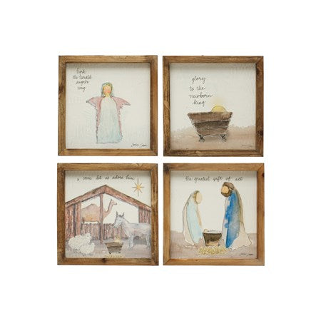 8-1/4" Square Fir Wood Framed Wall Décor w/ Christmas Saying & Scene, Multi Color, 4 Styles