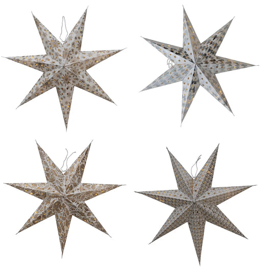 24"H Folding 7-Point Recycled Paper Star Ornament w/ LED Light String, Multi Color, 4 Styles