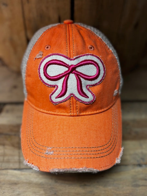 PINK BOW Distressed Tan Mesh Snapback Baseball Cap