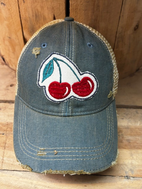 CHERRIES Distressed Tan Mesh Snapback Baseball Cap