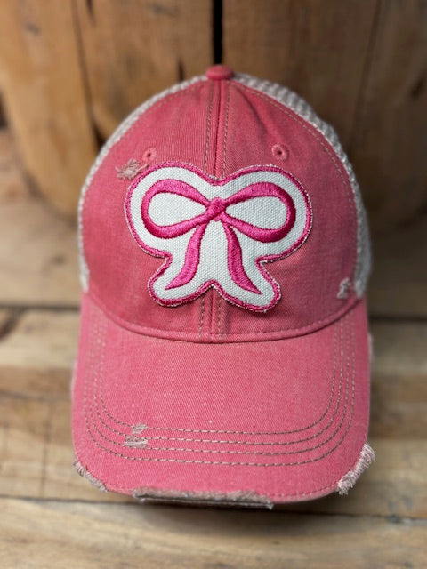 PINK BOW Distressed Tan Mesh Snapback Baseball Cap