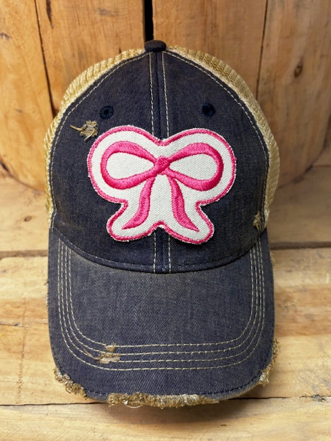 PINK BOW Distressed Tan Mesh Snapback Baseball Cap