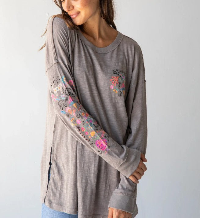 Natural Life Oversized Cotton Doodle Tee - Ash