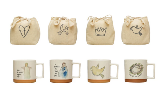 12 oz. Stoneware Mug w/ Christmas Saying & Image in Printed Drawstring Bag, 4 Styles