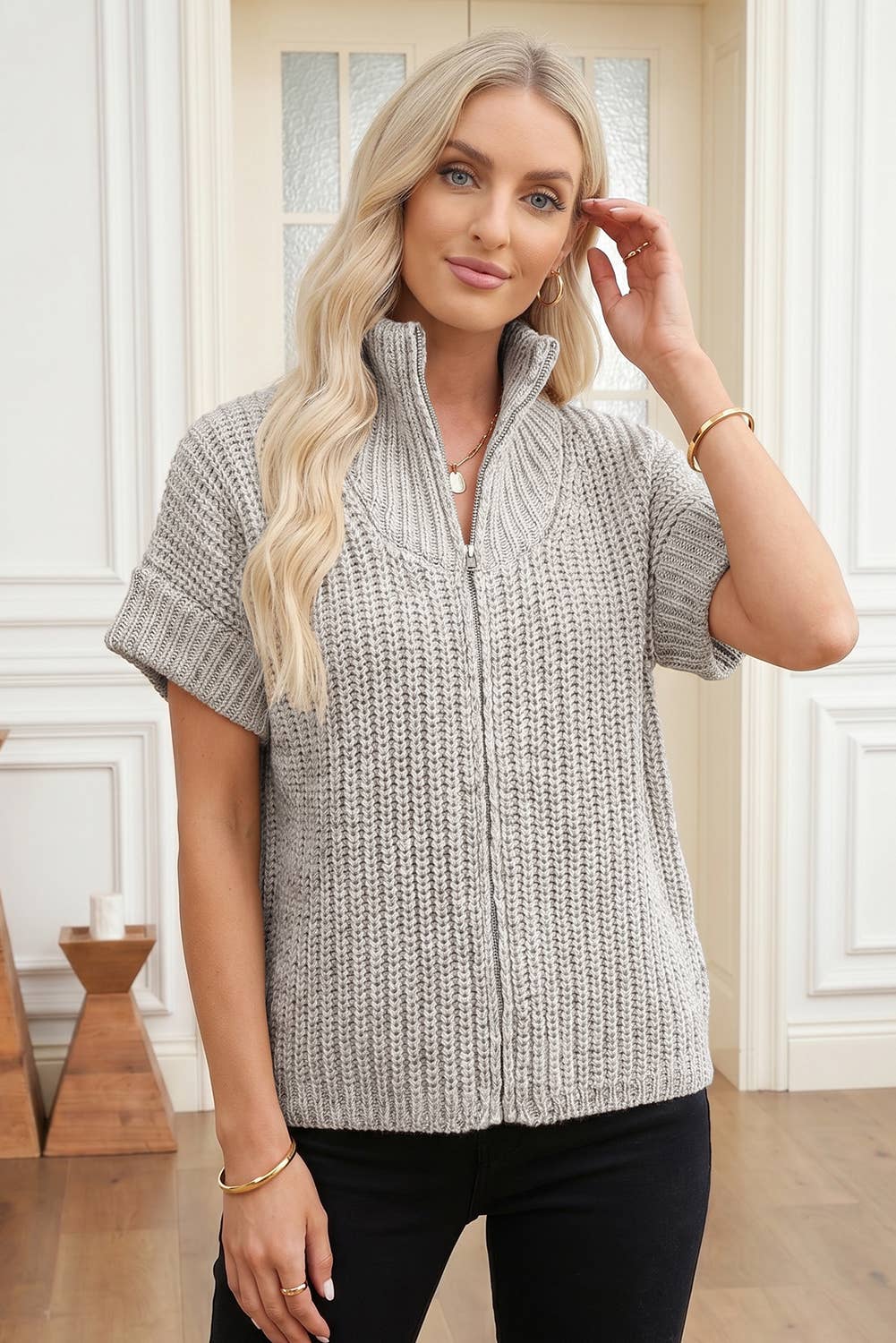 Textured Zip-Up Short Sleeve Sweater Cardigan
