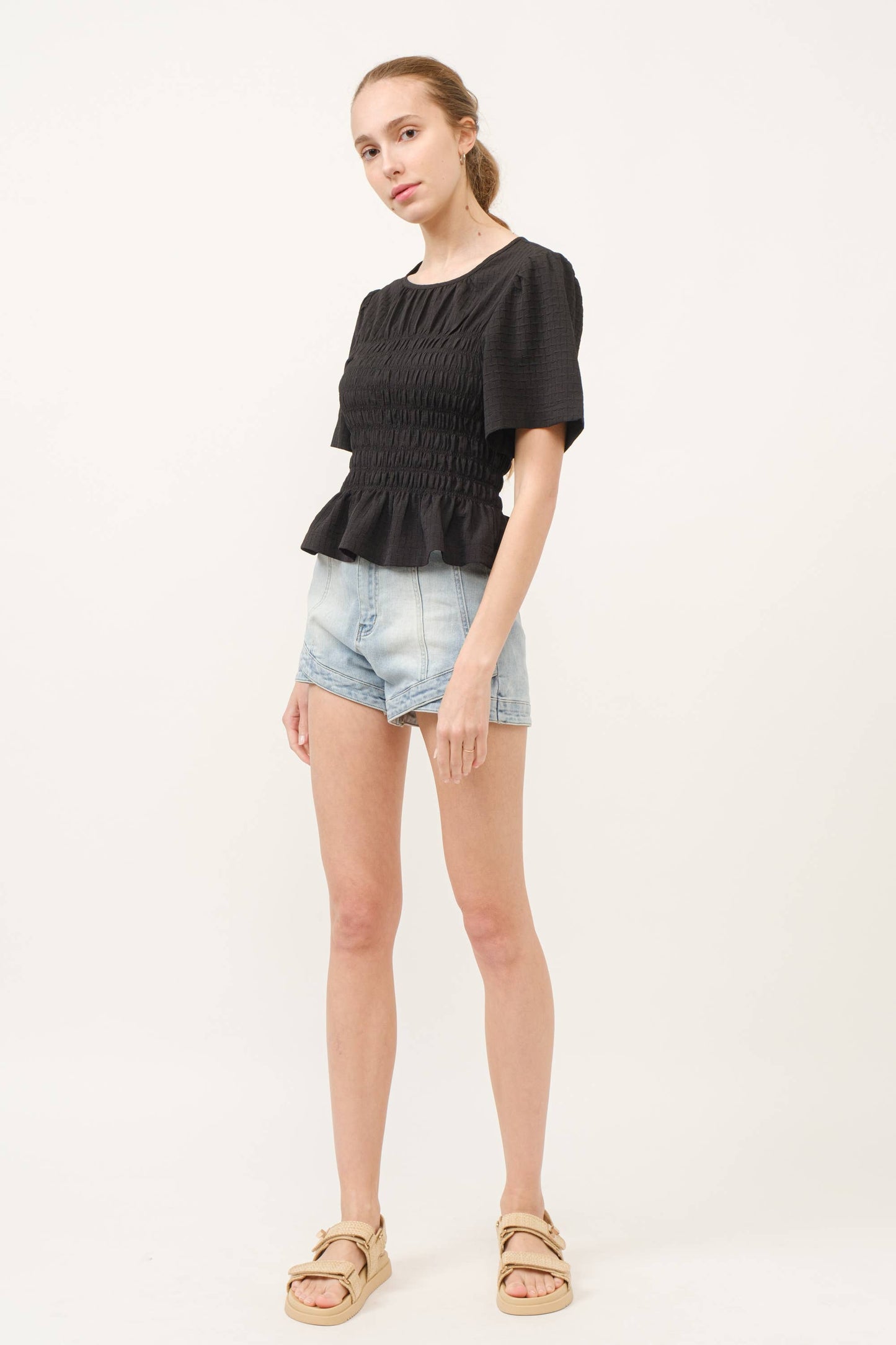 Stretched Denim Shorts w/ Curved Hem