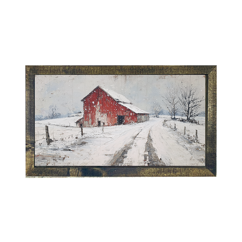 Country Winter - Red Barn near Road - Horizontal Box Frame