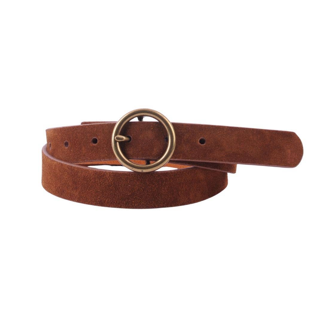 Round Brass Buckle Suede/Genuine Leather Belt