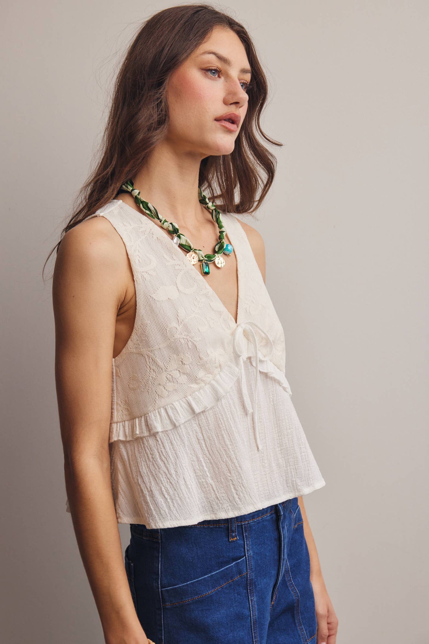 Lace Yoke Tie-Front Sleeveless Top