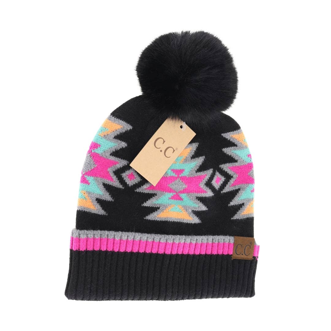 Southwestern Faux Fur Pom C.C Beanie